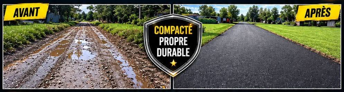 Comparaison avant et après d'une route en asphalte recyclé, avec une surface compactée, propre et durable